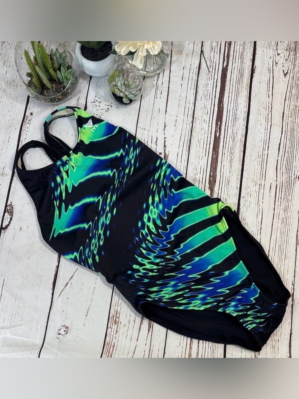 TYR Black One-Piece Swimsuit with Neon Green & Blue Wave Print 34(M)